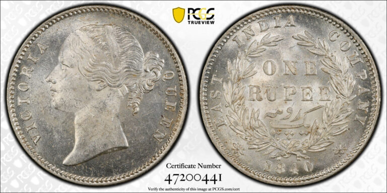Read more about the article British India  1840 Victoria Rupee.  C or B. PCGS MS 62.