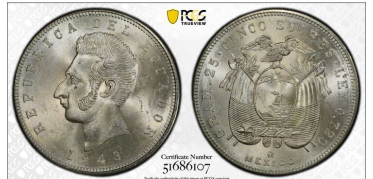 Read more about the article 1943 ECUADOR LIMA SUCRE SILVER COIN PCGS  MS64