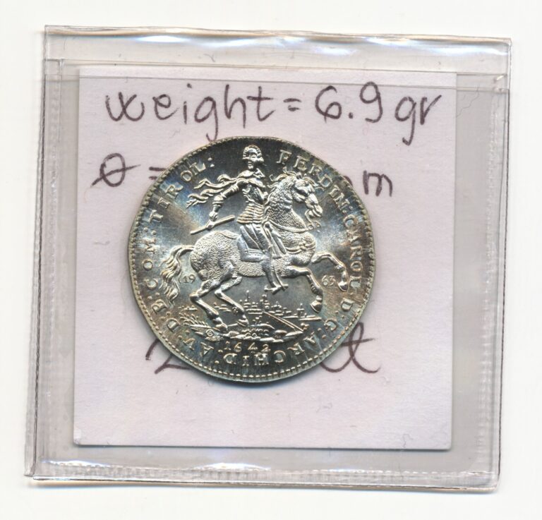 Read more about the article 1642 (1963) Austria Silver 2 Ducat-Ferdinand Karl on Horseback. Oficall Restrike