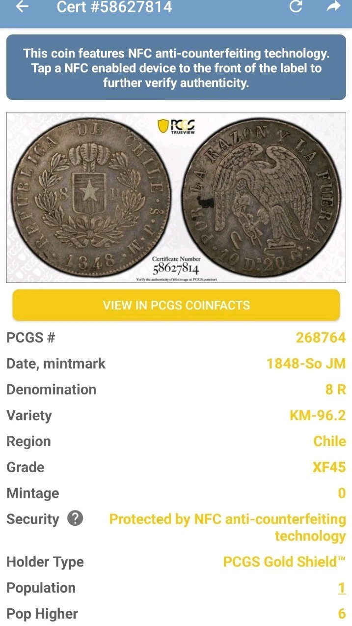 Read more about the article 1848 SO JM CHILE 8 REALES SILVER PCGS XF45 Chile KM-96.2 4449