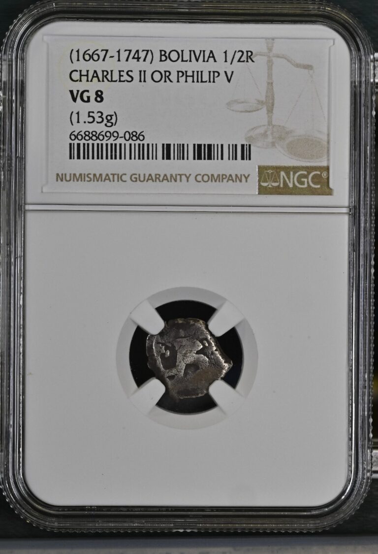Read more about the article 1667-1747 Bolivia 1/2 Real Charles II or Philip V NGC Graded VG 8 1.53g
