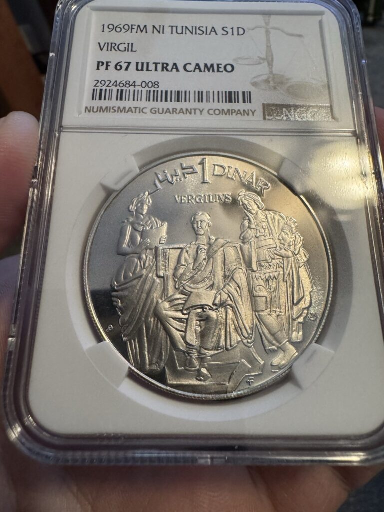 Read more about the article 1969 FM NI Tunisia Silver Dinar Virgil NGC PF69 Ultra Cameo TOP POP 6/0