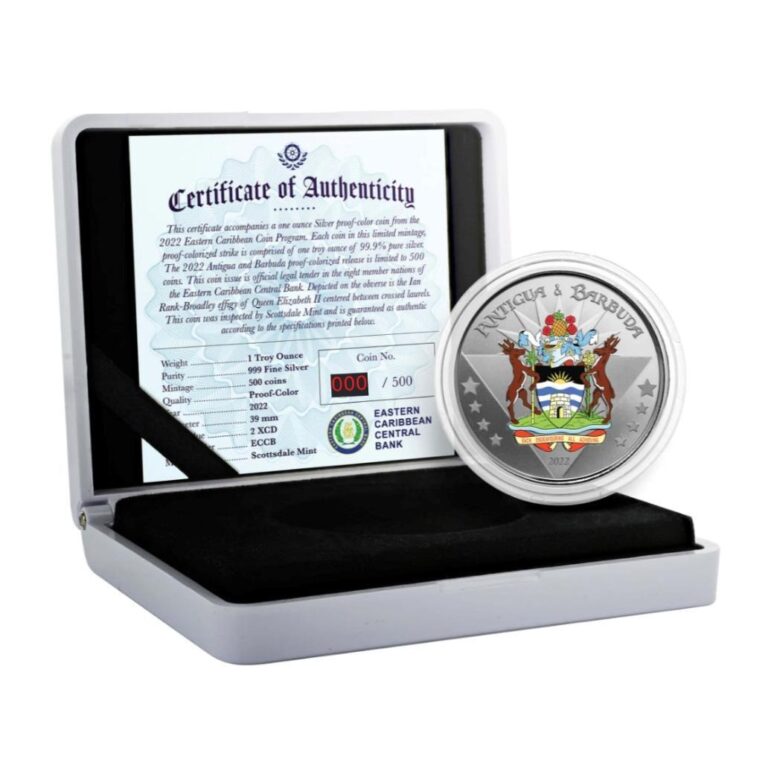 Read more about the article 2022 1 oz Proof Color Antigua and Barbuda Coat of Arms .999 Silver Coin w/COA