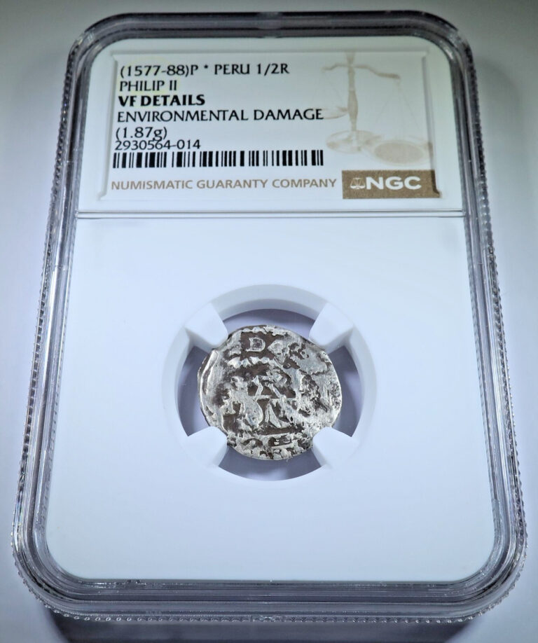 Read more about the article NGC VF 1577-88 Philip II Peru 1/2 Reales Genuine 1500s Spanish Colonial Cob Coin