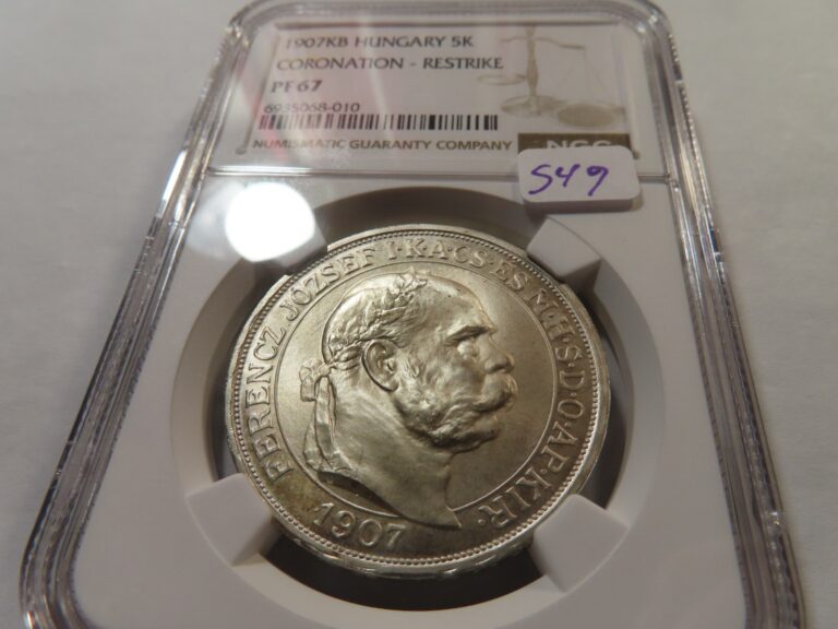 Read more about the article X42 Hungary 1907-KB Silver 5 Korona Coronation – Restrike NGC PROOF-67