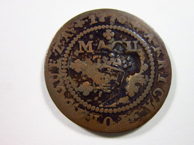 Read more about the article ANGOLA 1/2 Macuta 1837 KM49.1 Maria II Countermark 1770 1/4 Portugal h6220 Coin