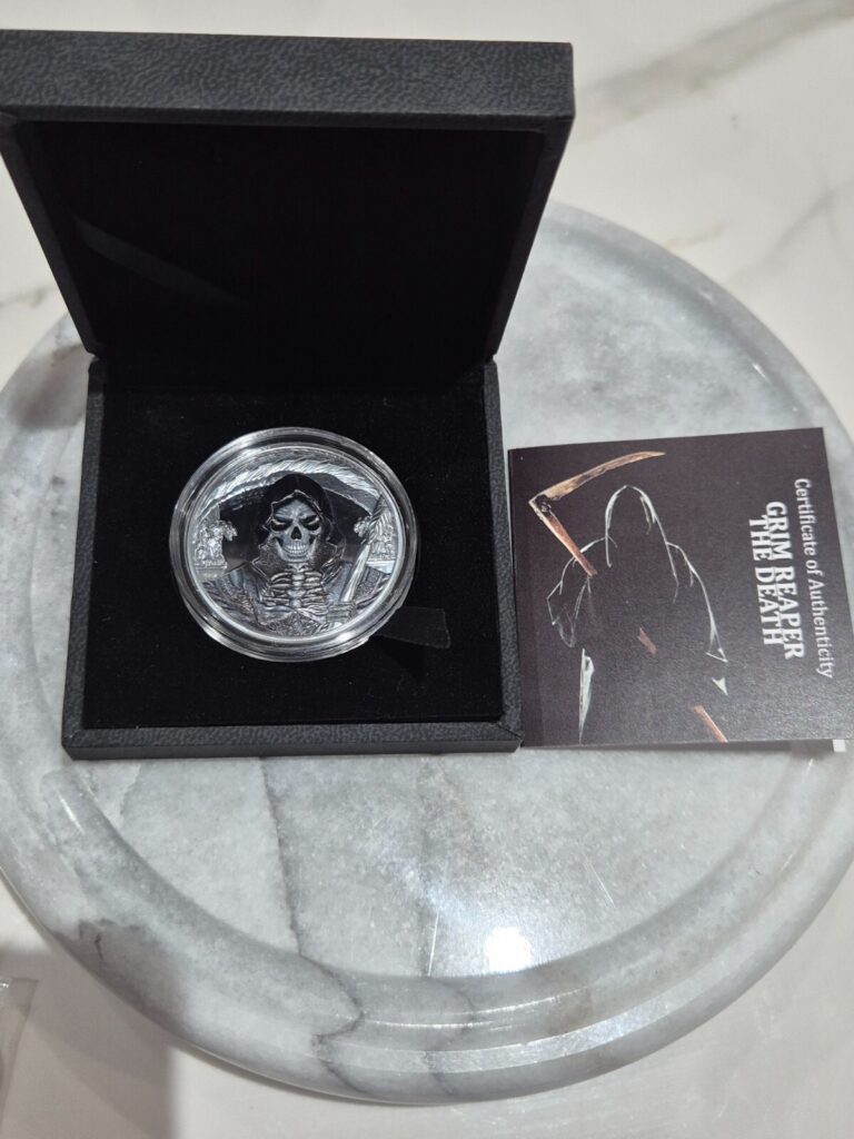 Read more about the article 2018 1 Oz BLACK PROOF Silver 1000 Francs Equatorial Guinea DEAD GRIM REAPER Coin