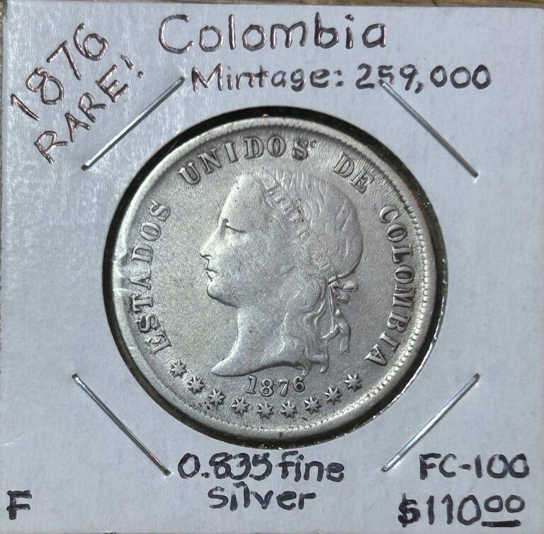 Read more about the article RARE 1876 Colombia  50 Centavos (0.835 Fine Silver)  Mintage Only 259 000  F