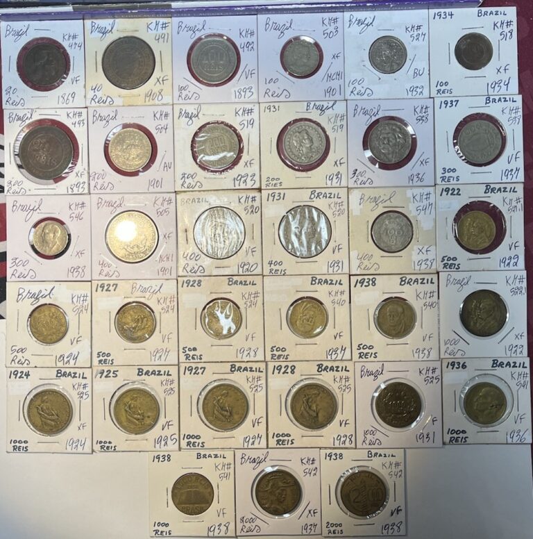 Read more about the article 1869 – 1938  BRAZIL 20 to 2000 Reis Fine F – BU Condition 33 Coin Lot Collection