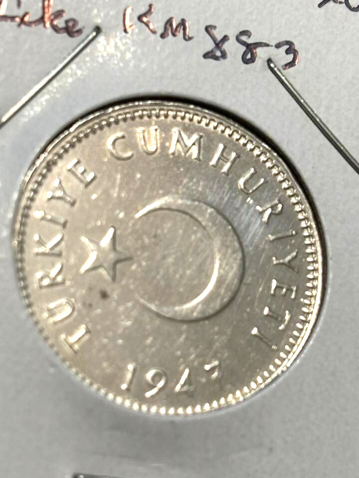 Read more about the article TURKEY 1947 LIRA  PROOF LIKE  KEY  0L600 SILVER  KM883  FREE USA SHIPPING