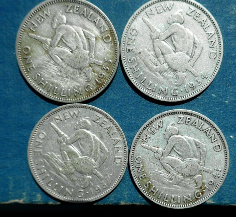 Read more about the article NEW ZEALAND SILVER SHILLING 4-Coin LOt 1933 1934 1937 1941 KM#9 Rare