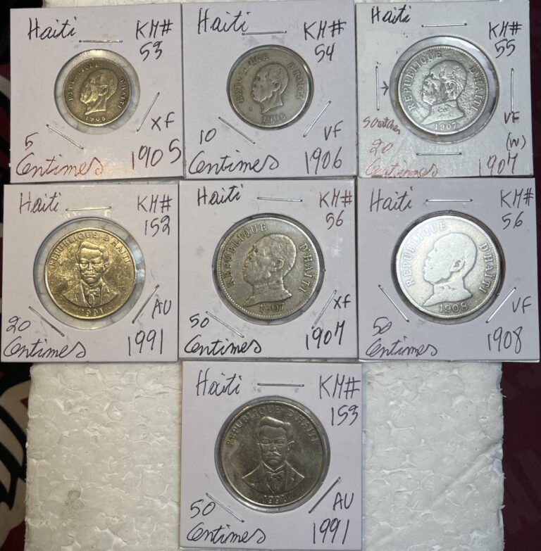 Read more about the article 1905 – 1991 Haiti 5  10  20 and 50 Centimes VF – AU Condition 7 Coin Lot