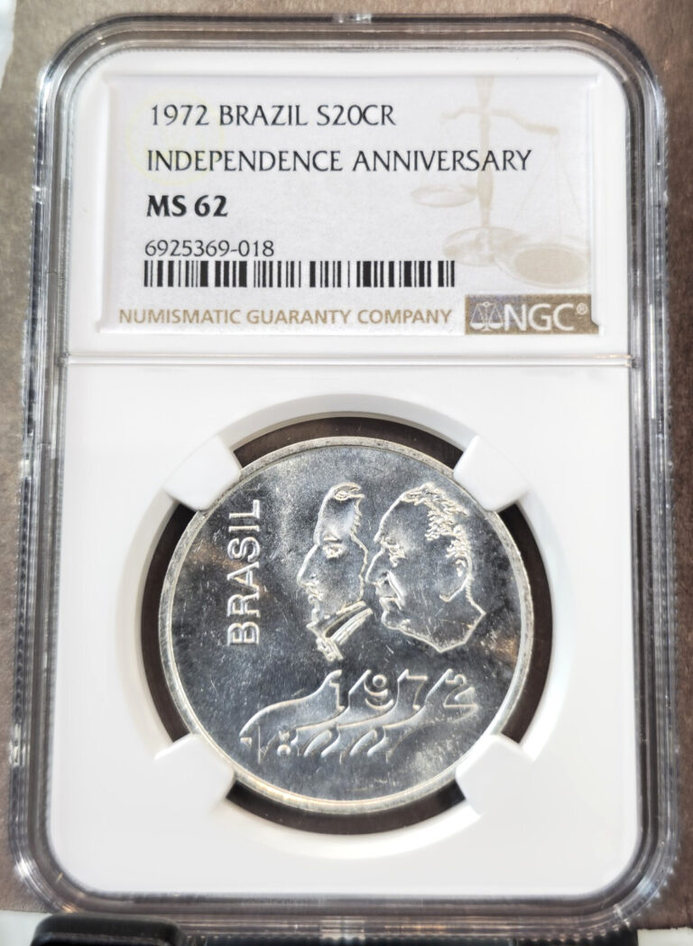 Read more about the article 1972 BRAZIL SILVER 20 CRUZEIROS INDEPENDENCE ANNIVERSARY NGC MS 62 NICE COIN
