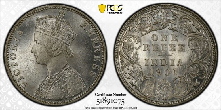 Read more about the article British India  1901 B Victoria Rupee. PCGS MS 63.