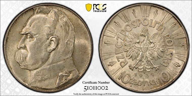 Read more about the article 1939-(W) Poland 10 Zlotych PCGS MS62 Lot#G154 Silver! Nice UNC!