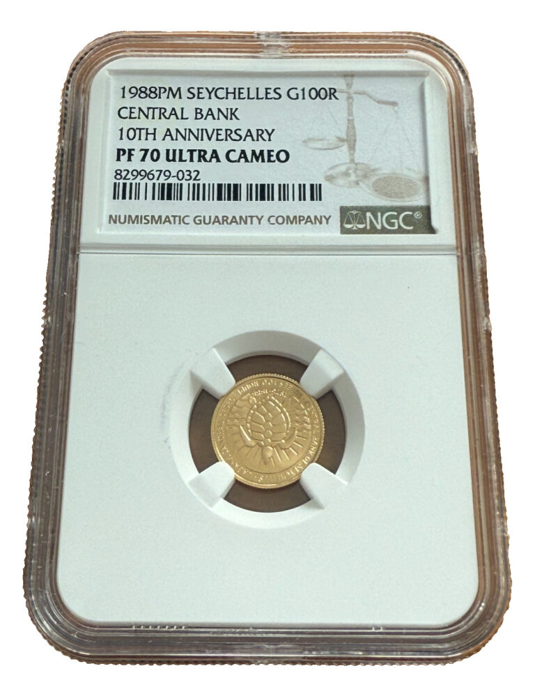 Read more about the article Seychelles 1988 Gold 100 Rupees NGC PF70UC Sea Turtle