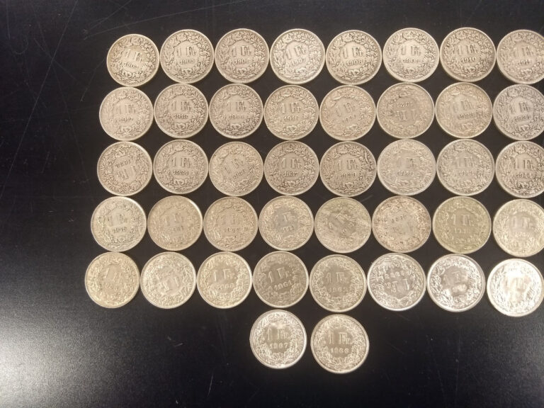 Read more about the article SWITZERLAND  1 Franc Lot of 42 Silver Coins ALL DIFFERENT DATES; 1903-1967 RARE