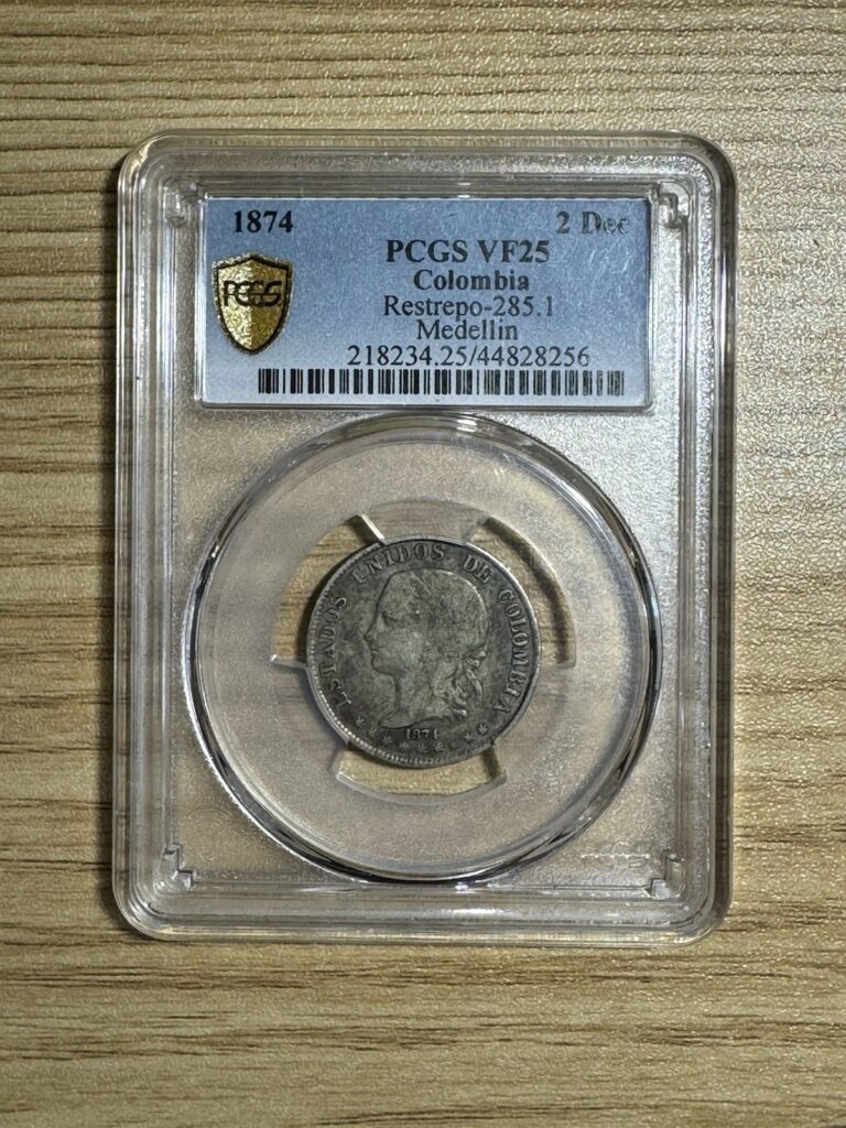 Read more about the article COLOMBIA 1874 2 Decimos Medellin silver PCGS VF25