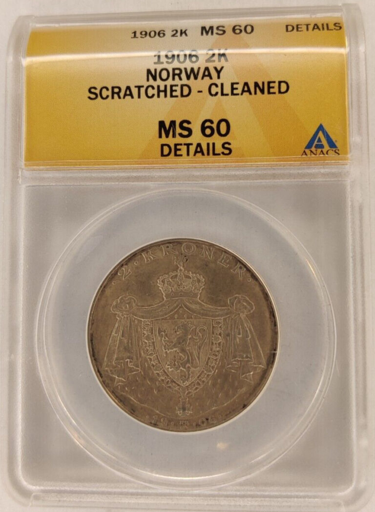 Read more about the article 1906 Silver Norway 2 Kroner 2K Coin ANACS MS60 Details-Cleaned Mint Luster! 2B