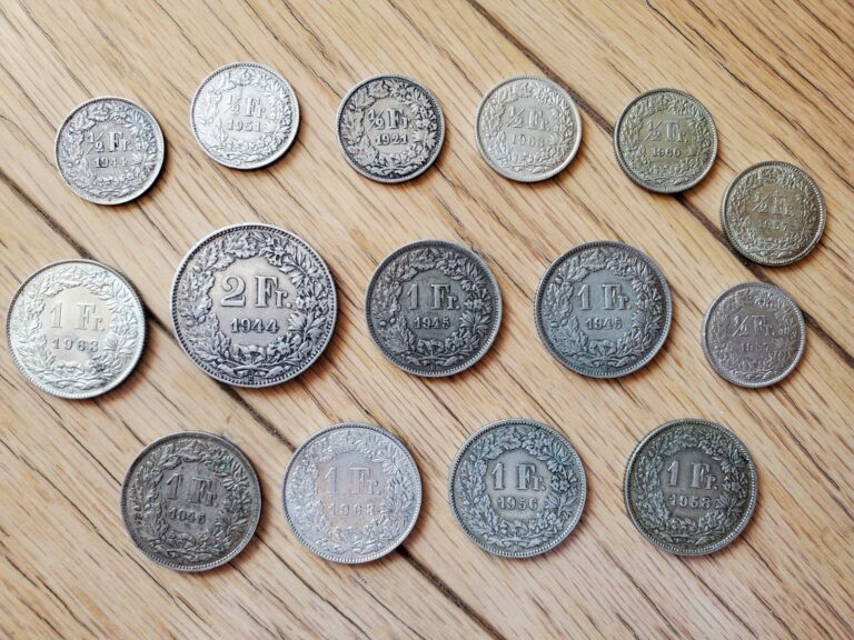 Read more about the article Switzerland Franc 1921 – 1963 Lot of 14 Silver Coins 0.835 Ag Swiss ~ World Coin