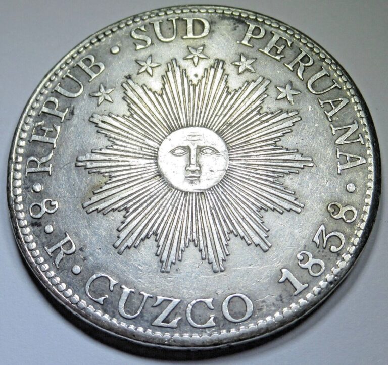 Read more about the article 1838 XF-AU Cuzco South Peru Silver 8 Reales Sun Face Genuine 1800s Peruvian Coin