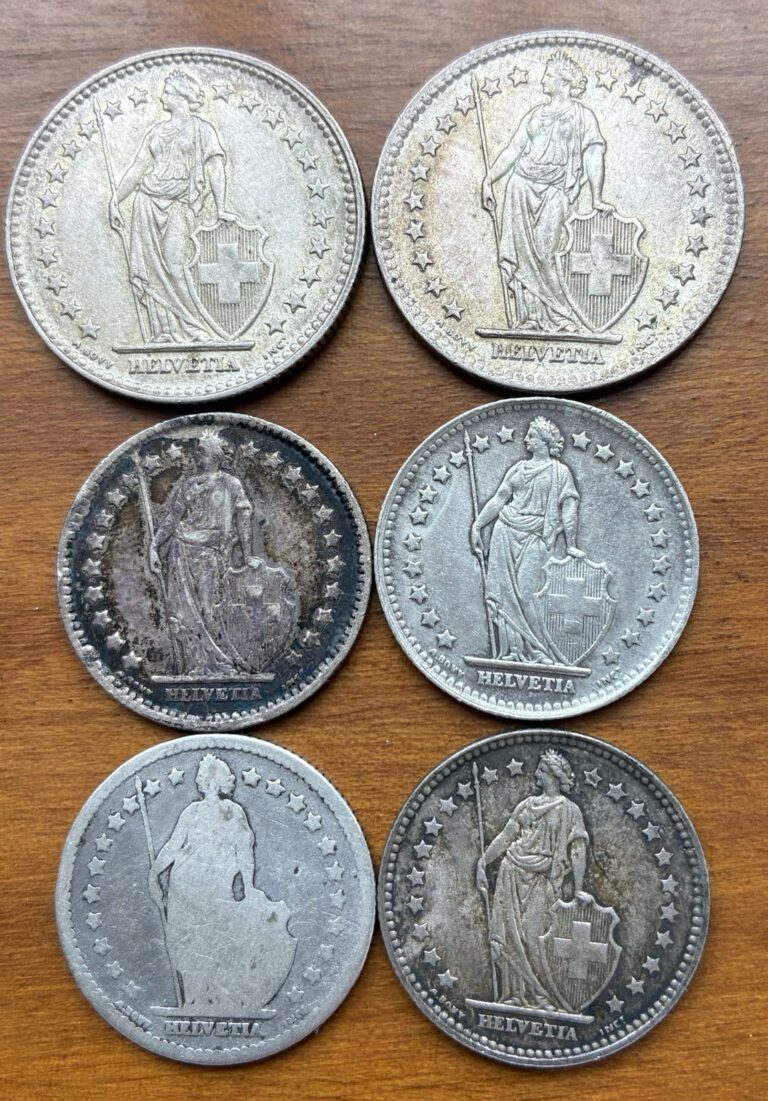Read more about the article Lot of 5 .835 silver Switzerland coins of 2 and 1 francs from 1870 until 1946