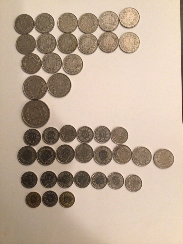 Read more about the article 40 Swiss Switzerland Coins FR 1 2 10 20 5 Helvetica 1/2