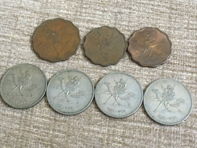 Read more about the article 7 OLD SUDAN COINS 2 X 2  MILLIMES    1 X 5 MILLIMES  4 X 10 QIRSH USED CONDITION