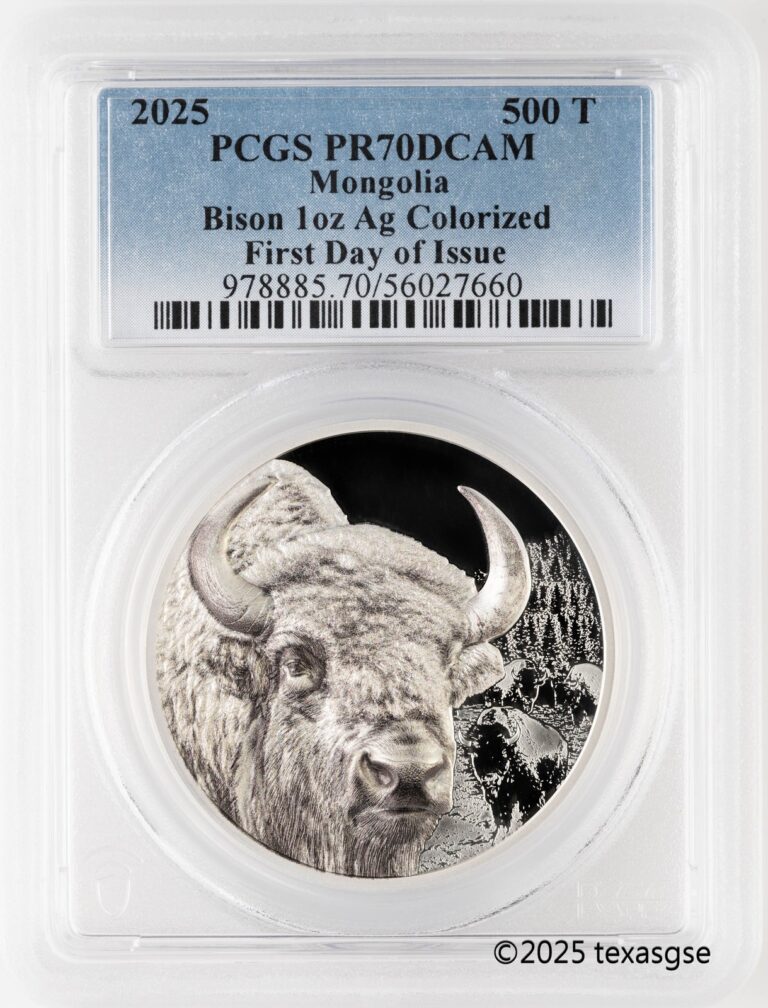 Read more about the article 2025 Mongolia Wild – Bison 1oz Silver 500Togrog PCGS PR70 First Day