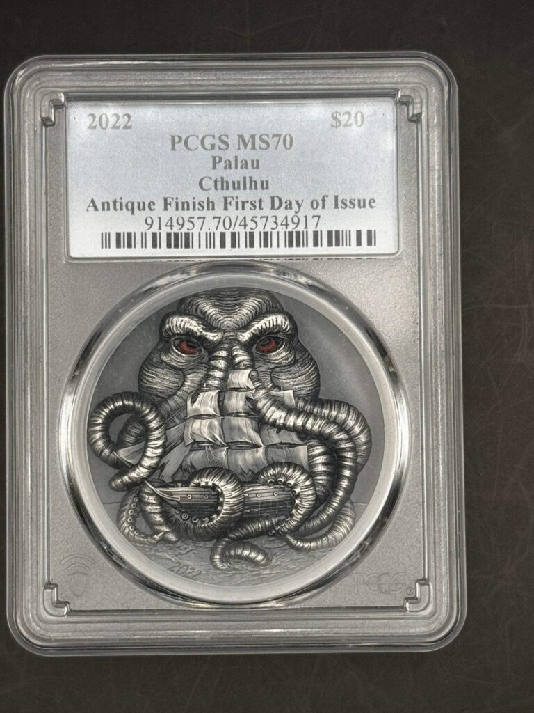 Read more about the article 2022 Palau $20 H.P. Lovecraft CTHULHU 3 oz. Silver Antique  PCGS MS70