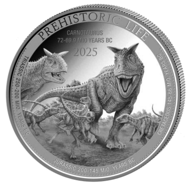 Read more about the article 2025 Congo Prehistoric Life Carnotaurus BU 1 oz Silver Coin in capsule