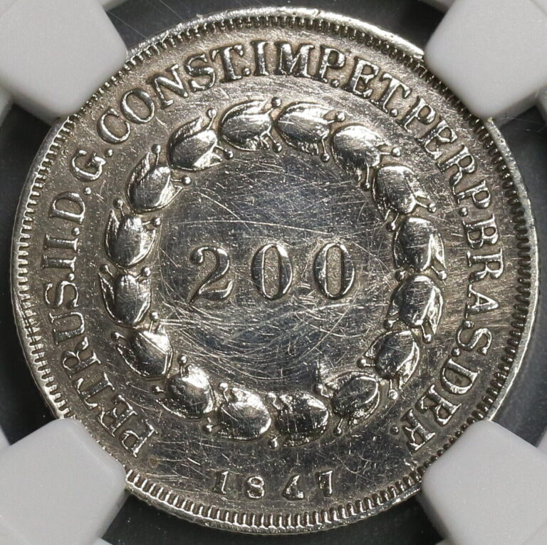 Read more about the article 1847 NGC AU Det Brazil 200 Reis Rare Silver Coin 2936 Minted (19062303C)