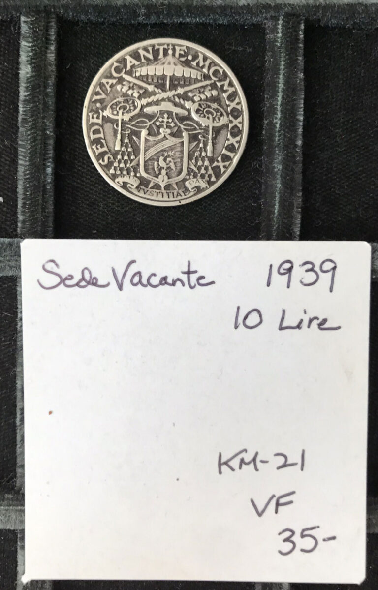 Read more about the article 1939 Vatican City 10 Lire Sede Vacante Coin Very Fine