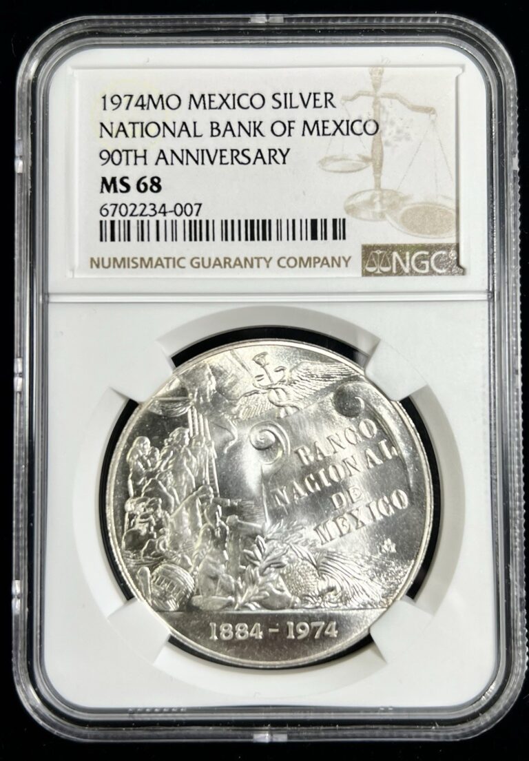 Read more about the article 1974 MEXICO SILVER MEDAL NATIONAL BANK OF MEXICO 90TH ANNIVERSARY NGC MS 68