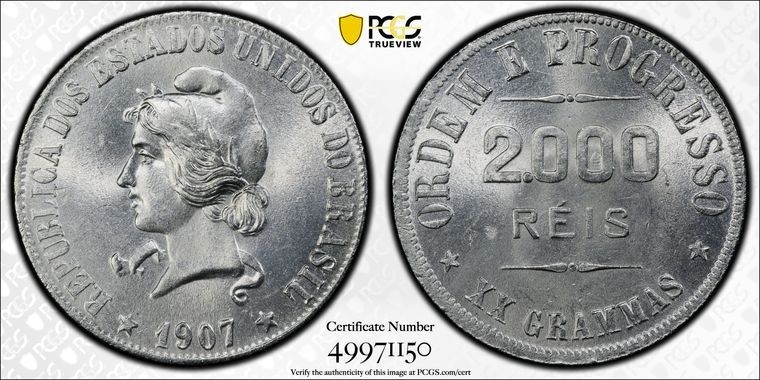 Read more about the article X37 Brazil 1907 Silver 2000 Reis PCGS MS-63