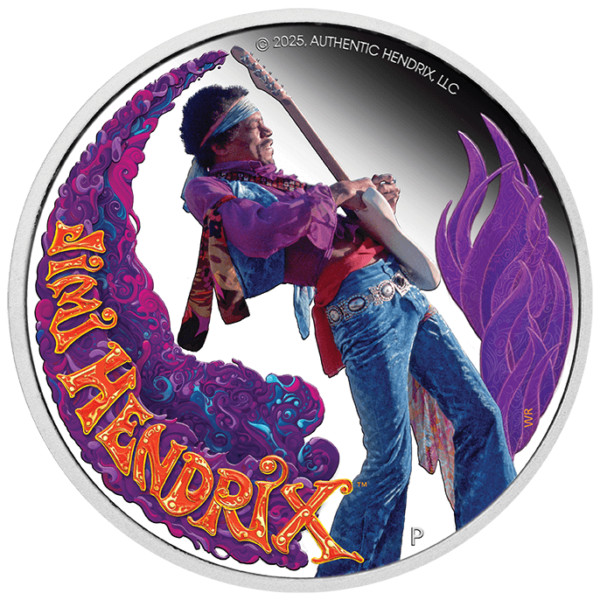 Read more about the article 2025 Tuvalu Jimi Hendrix 1 oz Silver Colorized Proof Coin Mintage of 3000