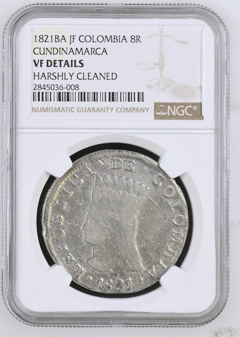 Read more about the article COLOMBIA CUNDINAMARCA 8 REALES SILVER CROWN 1821 BA JF NGC VF DETAILS