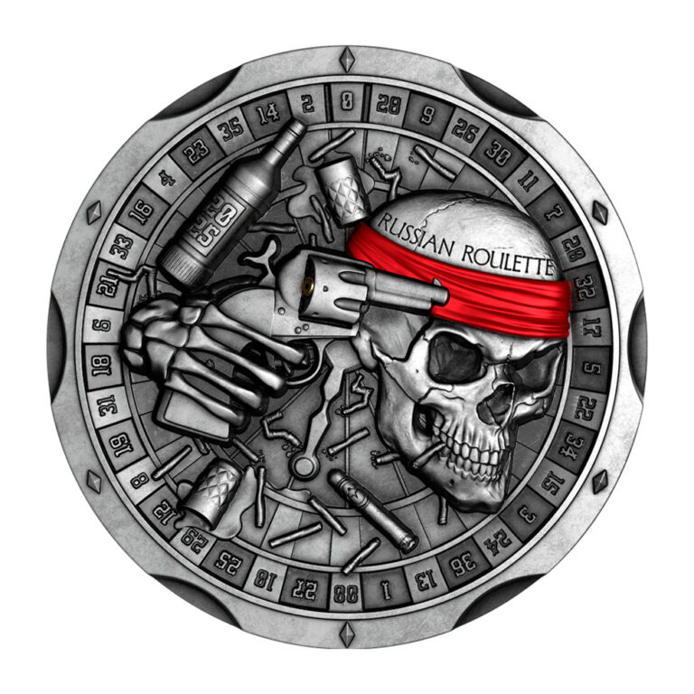 Read more about the article 2025 Chad Russian Roulette 2 oz Silver Antiqued Gilded High Relief Coin