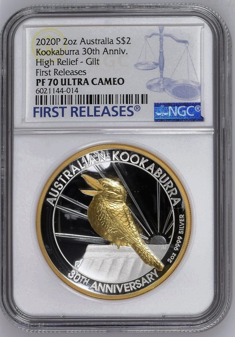 Read more about the article 2020 2oz 30th Ann. Silver Proof Kookaburra High Relief Gilt NGC PF70 Ultra Cameo