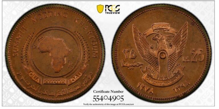 Read more about the article 1978 SUDAN 25 POUND UNIFACE COPPER PCGS SP66RD PIEFORT KM-P5 SUMMIT MEETING