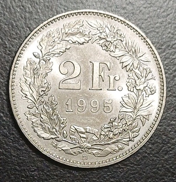 Read more about the article 1995 Switzerland 2 Francs Brilliant UNC Beautiful Coin KM 21a.3
