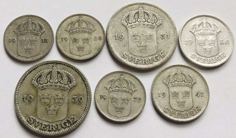 Read more about the article Lot of 7 Sweden Silver Coins 1913/28/31/36/39/41  10 Ore  25 Ore  50 Ore coins