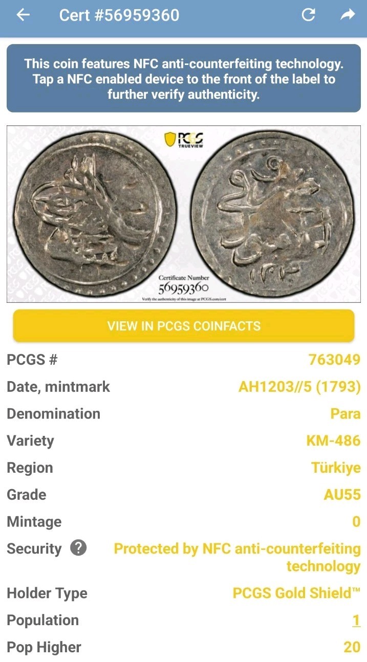 Read more about the article 1203 /5 (1793) TURKEY Silver Para PCGS AU55 #4309
