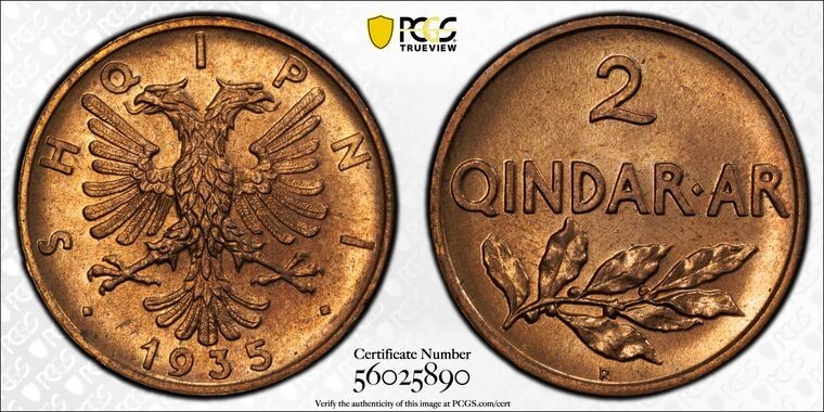 Read more about the article 1935-R Albania 2 Qindar Ari PCGS MS65RB Lot#G092 Top Graded! Gem BU! KM#15