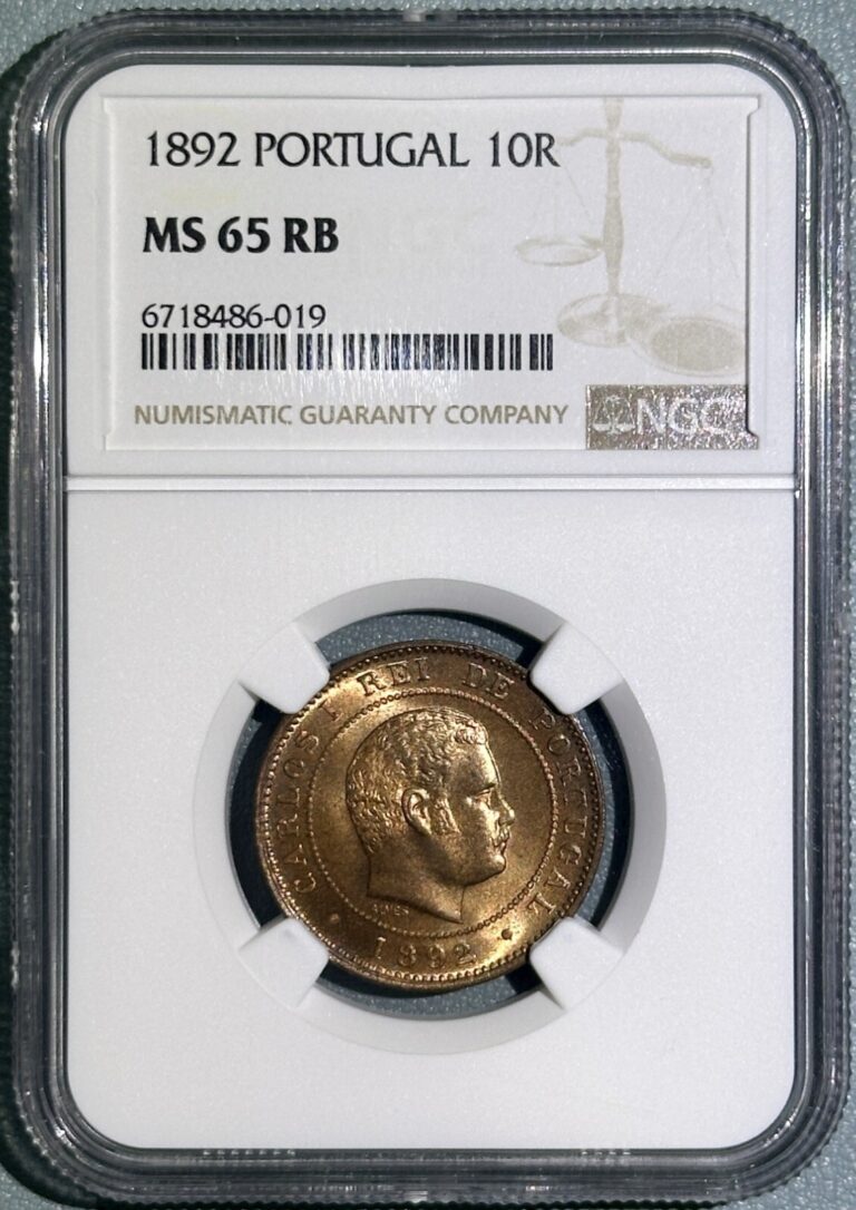 Read more about the article Portugal 1892 10 Reis Full Red Bronze ChBU Coin Carlos I Top Pop NGC MS65RB 5/0