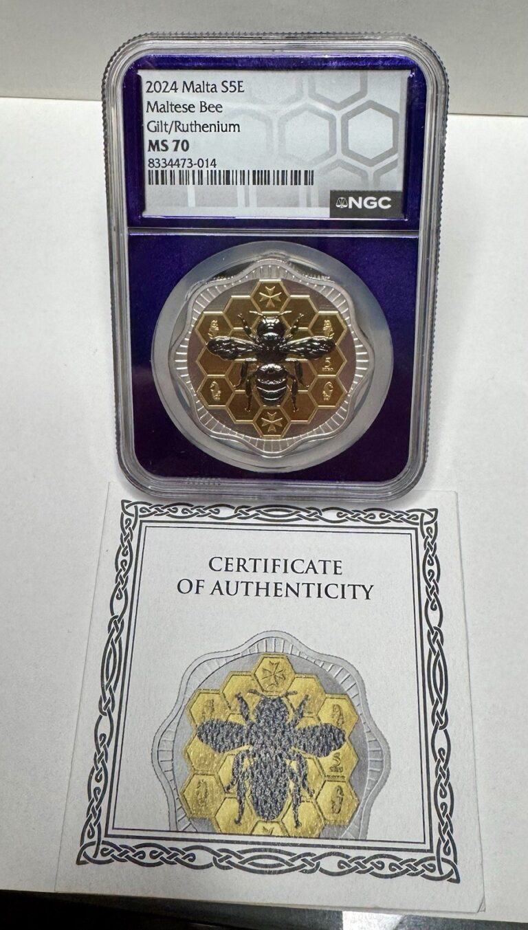 Read more about the article 2024 Malta Maltese Bee Gilt Ruthenium MS 70 SILVER ROUND Ngc Purple Slab W/ COA