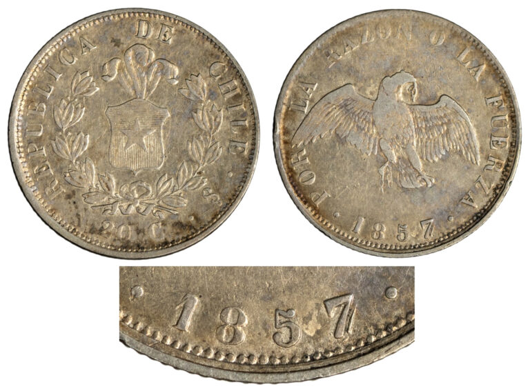 Read more about the article Chile. 1857/7 So Silver 20 Centavos  5.00  gr.  23.23 mm  VF  KM-125