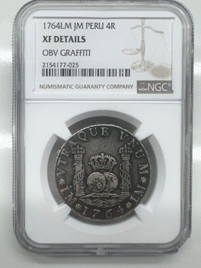 Read more about the article PERU 4 Reales  1764 LM JM XF DETAILS OBV GRAFFITTI Columnaria Charles III NGC