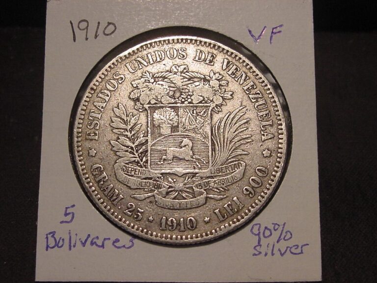 Read more about the article 1910 VENEZUELA 90% SILVER 5 BOLIVARES VF NICE SHIPS FREE