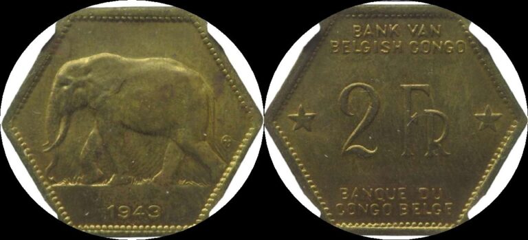 Read more about the article 1943 BELGIAN CONGO 2 FRANCS  KM#25 ELEPHANT NGC MS62